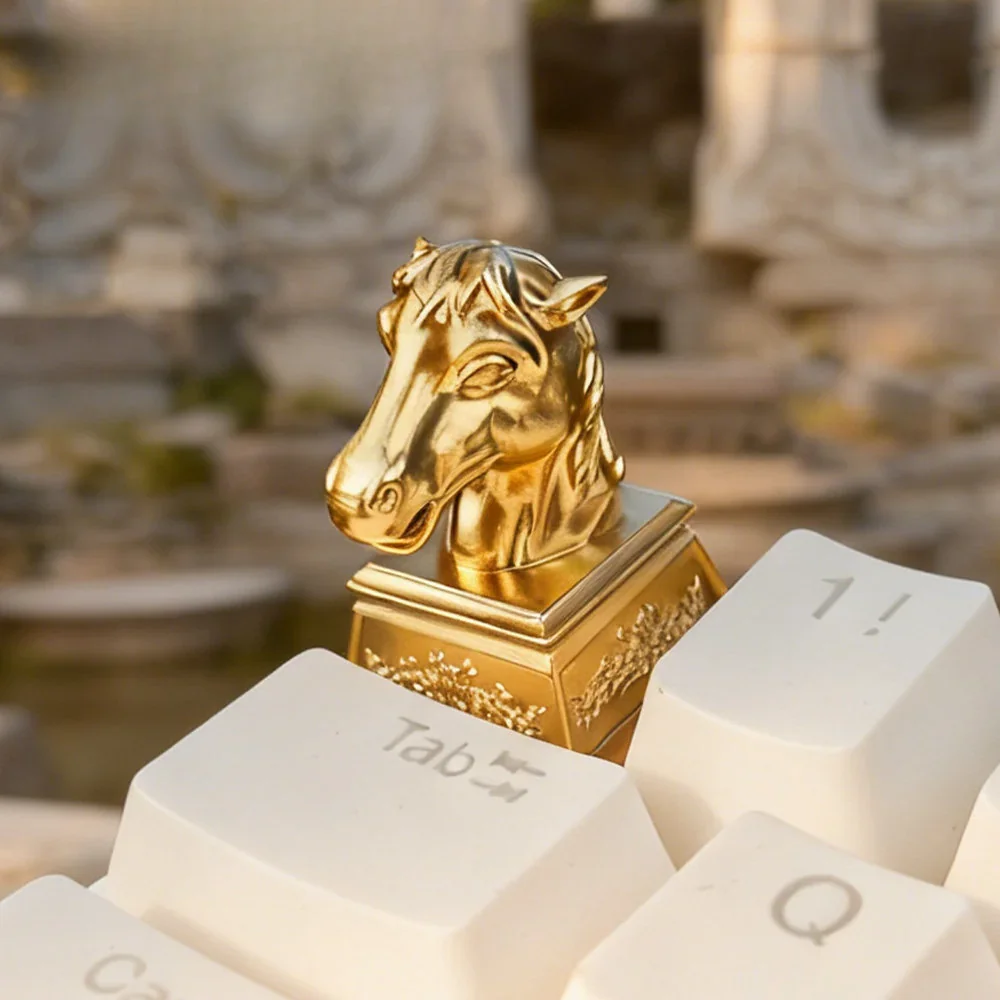 Majestic bronze horse head artisan keycap displayed from multiple angles, revealing its intricate details, antique finish, and artistic craftsmanship.