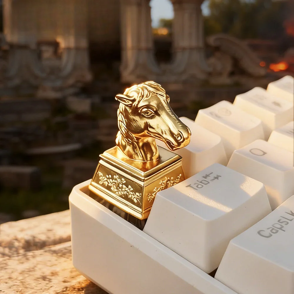 A gallery view of the majestic bronze horse head artisan keycap, highlighting its intricate sculptural details and antique finish from various perspective angles.