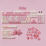 Multiple views of custom Kirby PBT MOA profile keycaps set, showcasing vibrant pastel designs, durable PBT material, and ergonomic MOA profile for mechanical keyboard.
