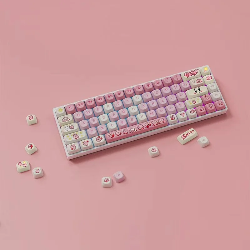 Playful Kirby Keycaps set crafted from durable PBT, featuring iconic whimsical designs and an ergonomic MOA profile in vibrant pastel colors.