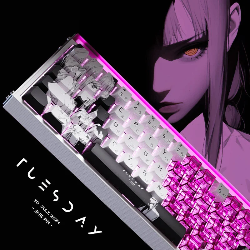 Iconic Makima PBT keycaps set with sleek side-printed legends, viewed from various angles to showcase their vibrant shine-through design.