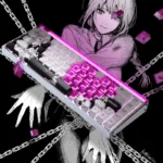 Artistic Makima PBT keycaps set gallery, featuring sleek side-printed legends and shine-through design from multiple angles, emphasizing vibrant backlight design.