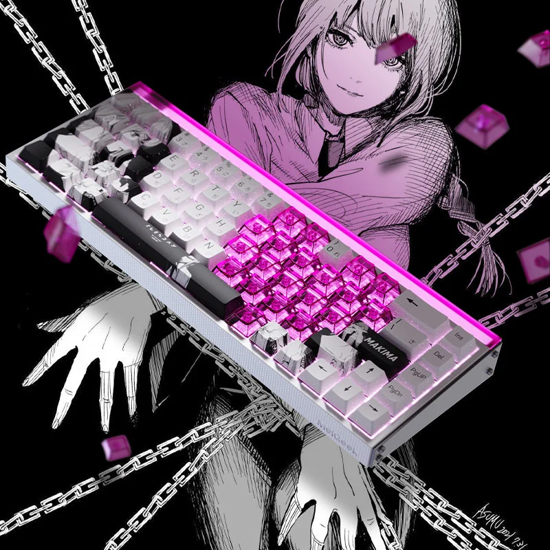 Artistic Makima PBT keycaps set gallery, featuring sleek side-printed legends and shine-through design from multiple angles, emphasizing vibrant backlight design.