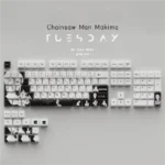 Makima PBT keycaps set shown from various angles, highlighting the crisp side-printed legends and durable material. Different views reveal the vibrant shine through.