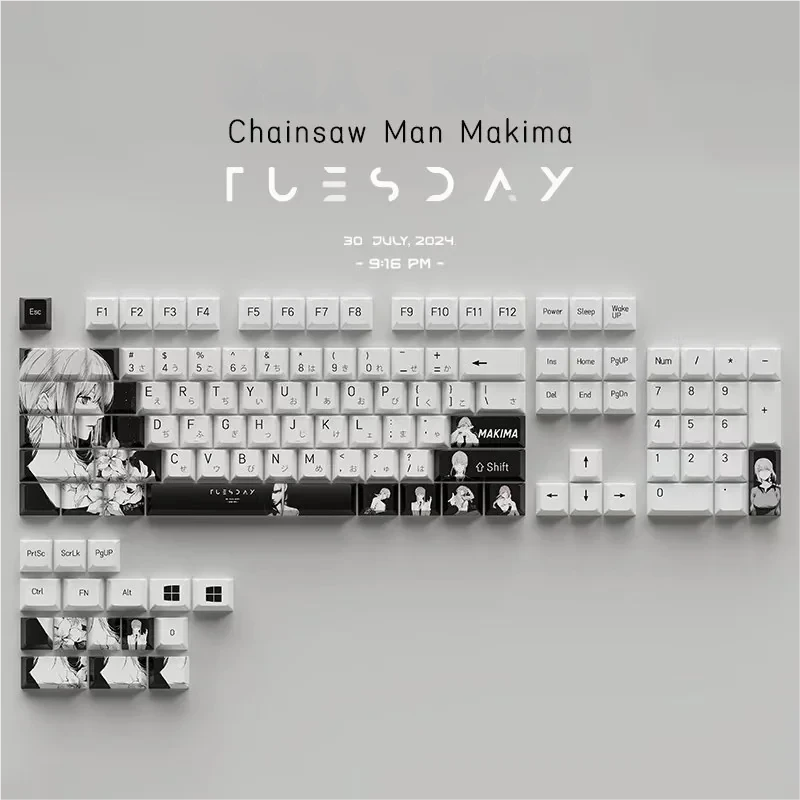 Makima PBT keycaps set shown from various angles, highlighting the crisp side-printed legends and durable material. Different views reveal the vibrant shine through.