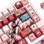 A collection of Jiaoqiu Honkai Star Rail artisan keycaps set, showcasing elegant character designs from multiple angles with intricate, vibrant details.