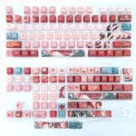 Close-up views of the exclusive Jiaoqiu Honkai Star Rail artisan keycaps set, showcasing their elegant design and intricate, vibrant details from various angles.