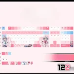 Close-up views of the exclusive Jigokudani Sara PBT backlit keycap set, showcasing vibrant anime art and smooth texture from multiple angles, perfect for fans.