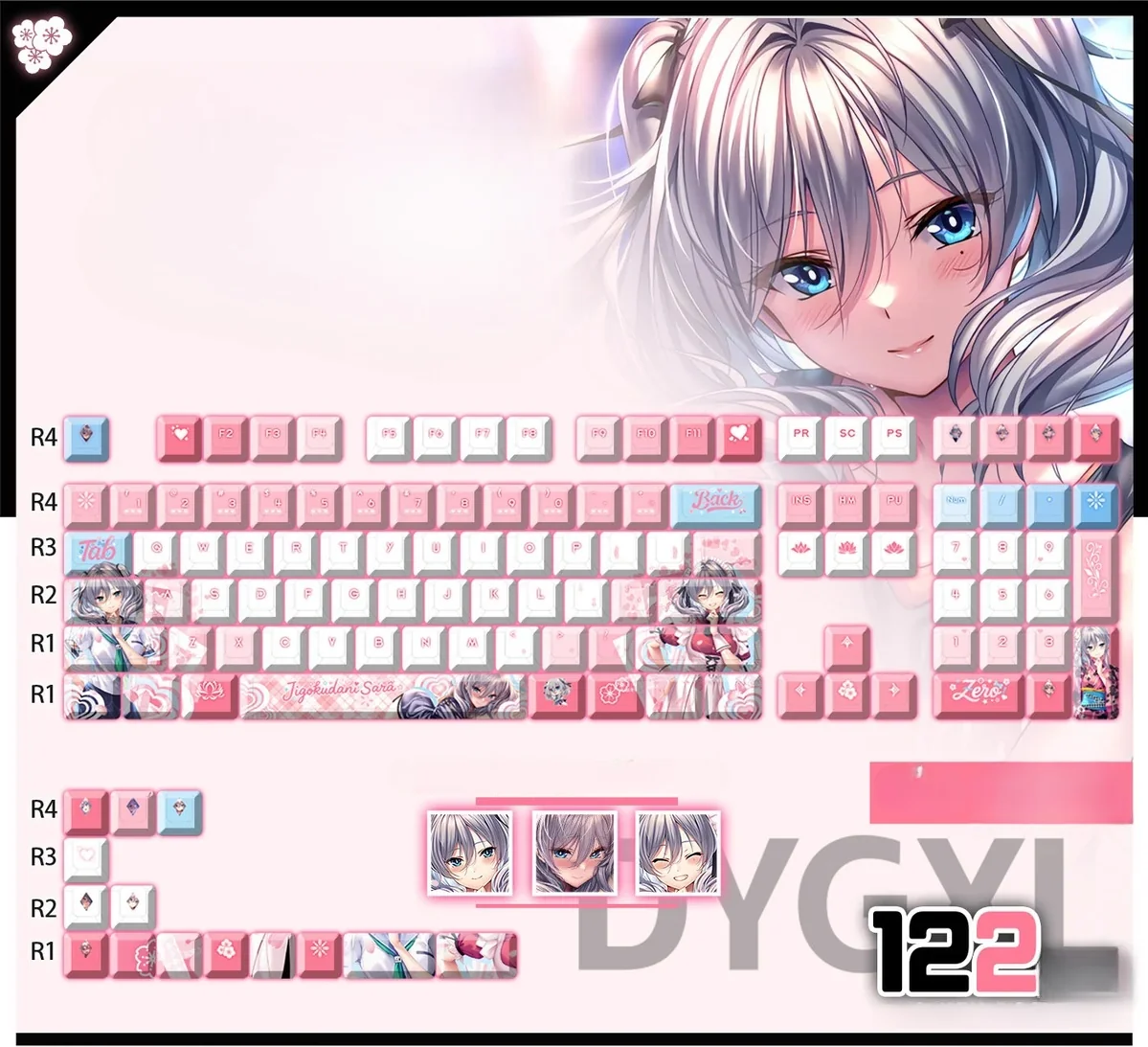 Exclusive Jigokudani Sara PBT backlit keycap set featuring vibrant Sweet Girlfriend anime art, perfect for a playful keyboard upgrade.