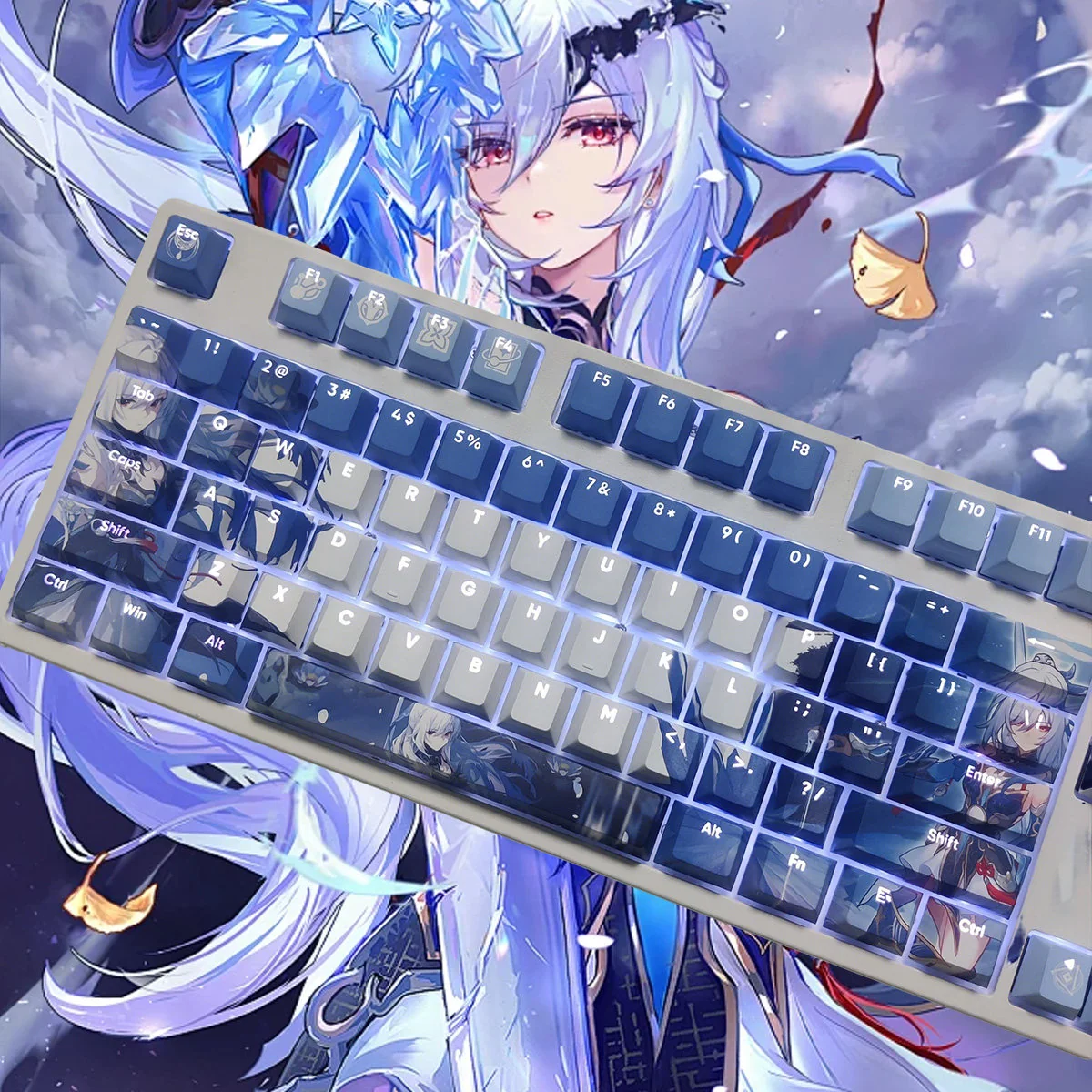 Jingliu Honkai Star Rail PBT backlit keycaps set, showcasing elegant ice-themed purple-blue character art from multiple angles for a mysterious aesthetic.