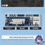 Artistic Honkai Star Rail Jingliu PBT backlit keycaps set in various views, revealing elegant ice-themed anime art with mysterious purple and blue hues.