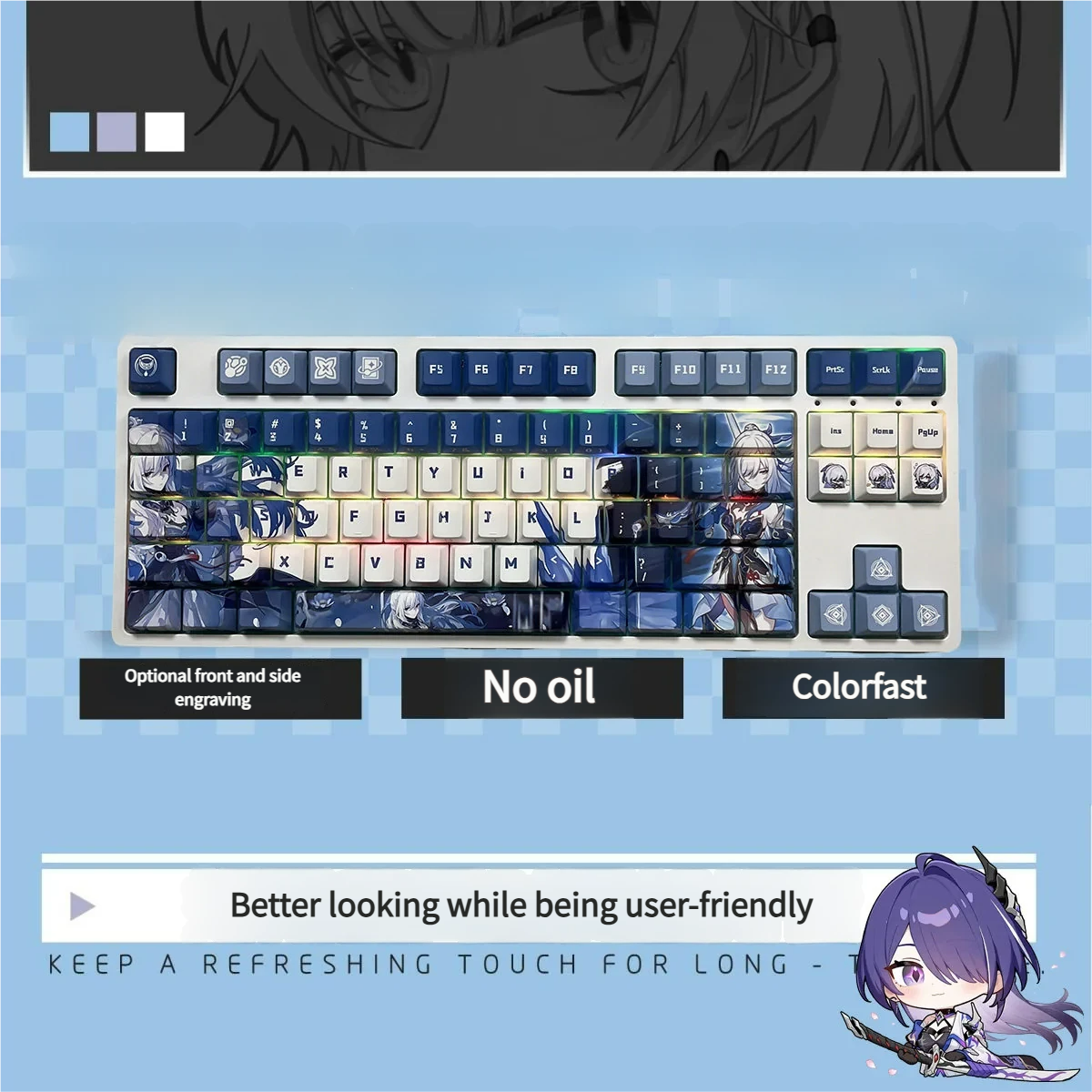 Artistic Honkai Star Rail Jingliu PBT backlit keycaps set in various views, revealing elegant ice-themed anime art with mysterious purple and blue hues.