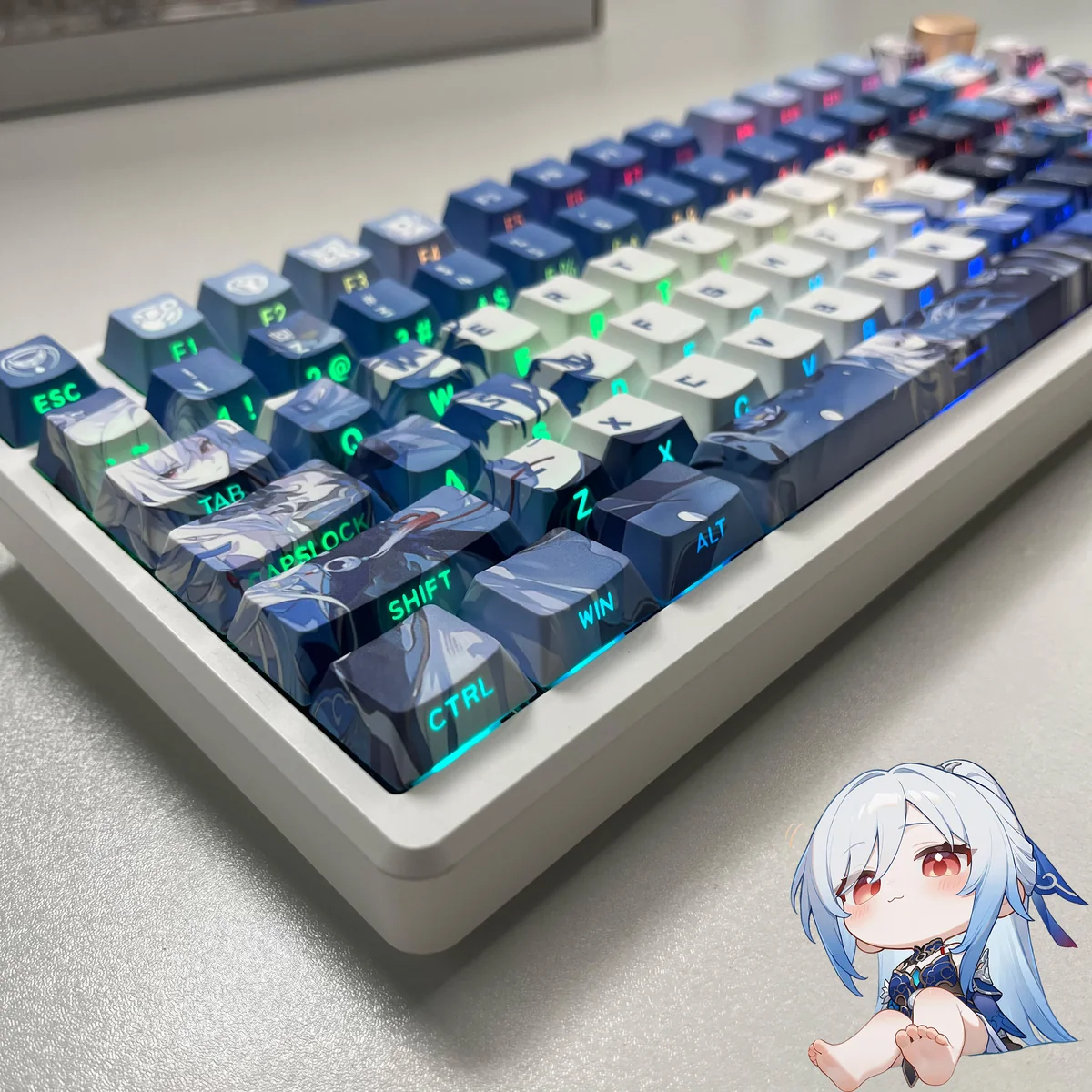 A gallery of elegant Jingliu Honkai Star Rail PBT backlit keycaps set showcasing their unique ice-themed design and mysterious purple-blue hues from multiple angles.