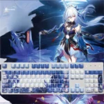 Jingliu keycaps set for Honkai Star Rail, PBT backlit set. Multiple views reveal elegant ice-themed character art in mysterious purple and blue hues.