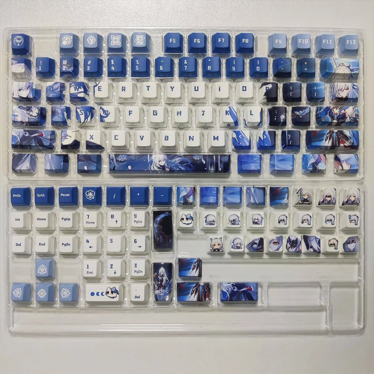 Elegant Jingliu Honkai Star Rail PBT backlit keycaps set, original height with side-engraved legends, featuring mysterious purple and blue ice-themed art.