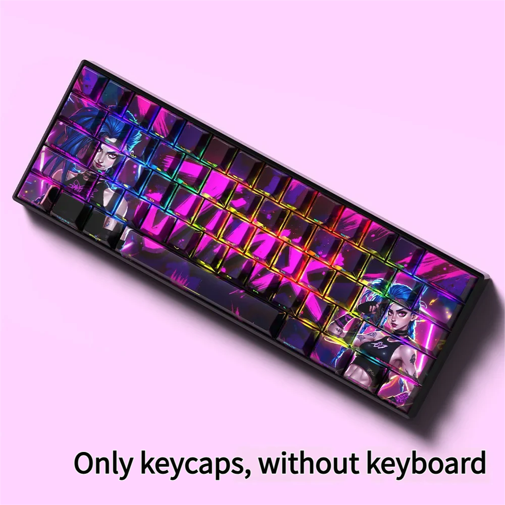 Vibrant side-lit PBT Jinx Keycaps Set, multi-angle views showing Jinx chaos, side-engraved legends, and blue/pink RGB.