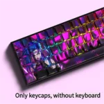 Multiple angles of dynamic Side-Lit PBT Jinx keycaps set showcasing vibrant blue and pink legends with explosive Jinx-themed chaos for unique gaming setup.