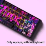 Multiple angles of side-lit PBT Jinx keycaps set. Vibrant blue and pink side-engraved legends dynamically illuminate, embodying Jinx's explosive chaos.
