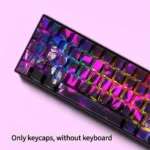 Side-lit PBT Jinx keycaps set from multiple angles, highlighting vibrant blue and pink chaos, iconic Jinx theme, and dynamic RGB-ready side-engraved legend.
