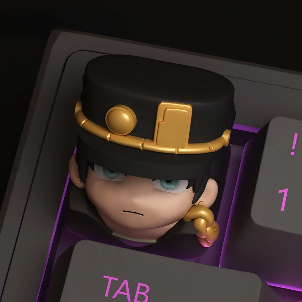Artistic Jotaro Kujo Jojo keycap displayed from a unique angle, showcasing its vibrant anime character design and 3D printed texture. An iconic Jojo's design.