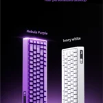 Premium KB02 Tri-Mode Hot-Swappable 68-key mechanical keyboard in stunning Nebula Purple, showcasing its sleek, futuristic design and vibrant RGB light.