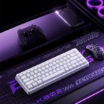 Premium KB02 Tri-Mode Hot-Swappable 68-key mechanical keyboard in stunning Nebula Purple, showcasing its sleek, futuristic design and vibrant RGB light.