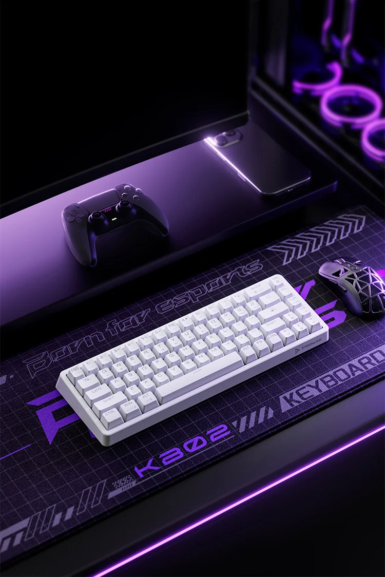 Premium KB02 Tri-Mode Hot-Swappable 68-key mechanical keyboard in stunning Nebula Purple, showcasing its sleek, futuristic design and vibrant RGB light.