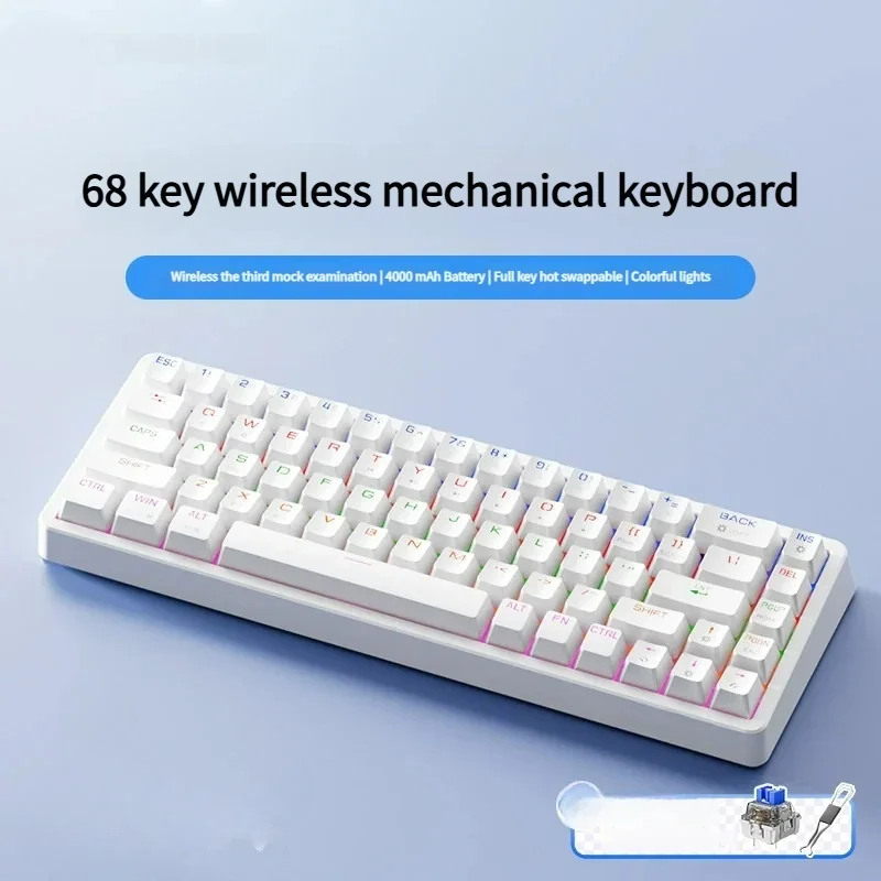Sleek ivory white KB02 Tri-Mode mechanical keyboard with hot-swappable keys, showcasing its premium, futuristic design and long-lasting battery.