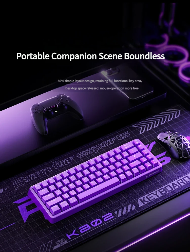 KB02 Tri-Mode mechanical keyboard with hot-swappable keys, showcasing its premium, futuristic design and long-lasting battery.