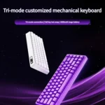 Sleek KB02 Tri-Mode Hot-Swappable 68-key mechanical keyboard with vibrant RGB lighting, showcasing its compact, futuristic design.