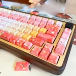 Close-up of Autumn Maple PBT keycaps set, showcasing exquisite traditional art and vibrant autumnal hues designed for backlight glow.