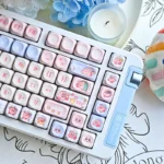 Adorable Kirby PBT MOA mechanical keycaps set displayed from various angles, showcasing the whimsical pastel pink design and charming Kirby characters.