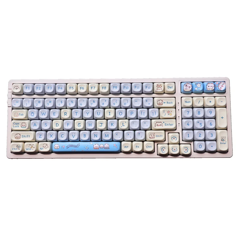 Adorable whimsical kitten keycaps set, a durable PBT set with uniform MOA profile, displayed from various angles. Features playful pastel cartoon kitten.