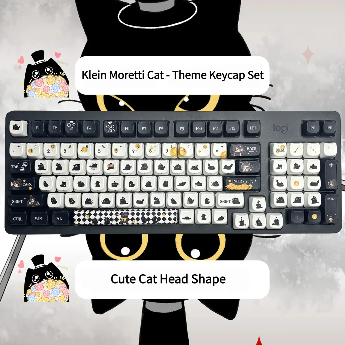 A whimsical gallery of Klein Moretti Cat Keycaps Set from the LoM Whimsical Feline Set, showcasing the exclusive Lord of Mysteries chibi-style designs from various angles.