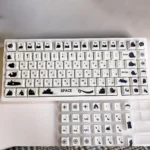 Klein Moretti cat keycaps set PBT artistry set, viewed from multiple angles. Highlights iconic minimalist feline designs and premium PBT, for a modern abstract design.