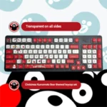 A collection of playful Kumamon Christmas PBT keycaps set from various angles, showcasing their vibrant festive designs and glowing four-sided RGB translucent design.