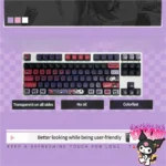 Mischievous Kuromi RGB pudding keycaps set displayed from multiple angles, highlighting vibrant purple and pink character designs with a dazzling translucent design.