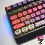 A collection of Kuromi RGB pudding keycaps set displayed from multiple angles, highlighting the iconic mischievous Kuromi art and vibrant translucent RGB glow.
