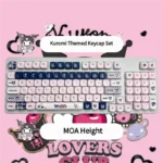Mischievous Kuromi PBT dye-sub keycaps set from various angles, highlighting the iconic black, pink, white gothic-kawaii designs and durable dye-sub PBT.