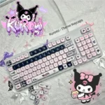 A collection of mischievous Kuromi PBT dye-sub keycaps set displayed from various angles, highlighting their durable finish and iconic gothic-kawaii design.