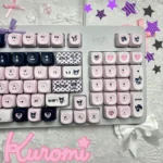Close-up of mischievous Kuromi PBT dye-sub keycaps set, showcasing the iconic black, pink, and white gothic-kawaii design from multiple angles.