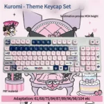 Mischievous Kuromi PBT dye-sub keycaps set, featuring iconic black, pink, and white gothic-kawaii designs. Durable PBT ensures vibrant, lasting legends.