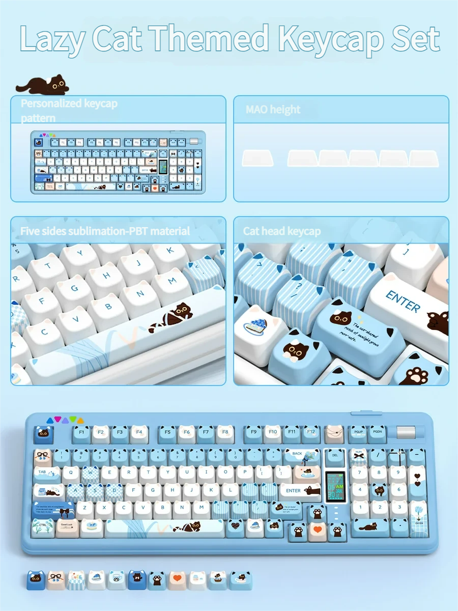 Adorable Lazy Cat MAO profile PBT keycap set, viewed from various angles, highlighting its whimsical cartoon design and durable build for cozy keyboard set.