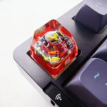 Close-up views of artisan League of Legends SA profile keycaps, showcasing intricate handcrafted translucent resin sculpts of iconic champions from various angles.