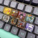 Close-up of the Hwei LoL artisan keycap, highlighting the intricate handcrafted resin details and vibrant character design from a unique angle.