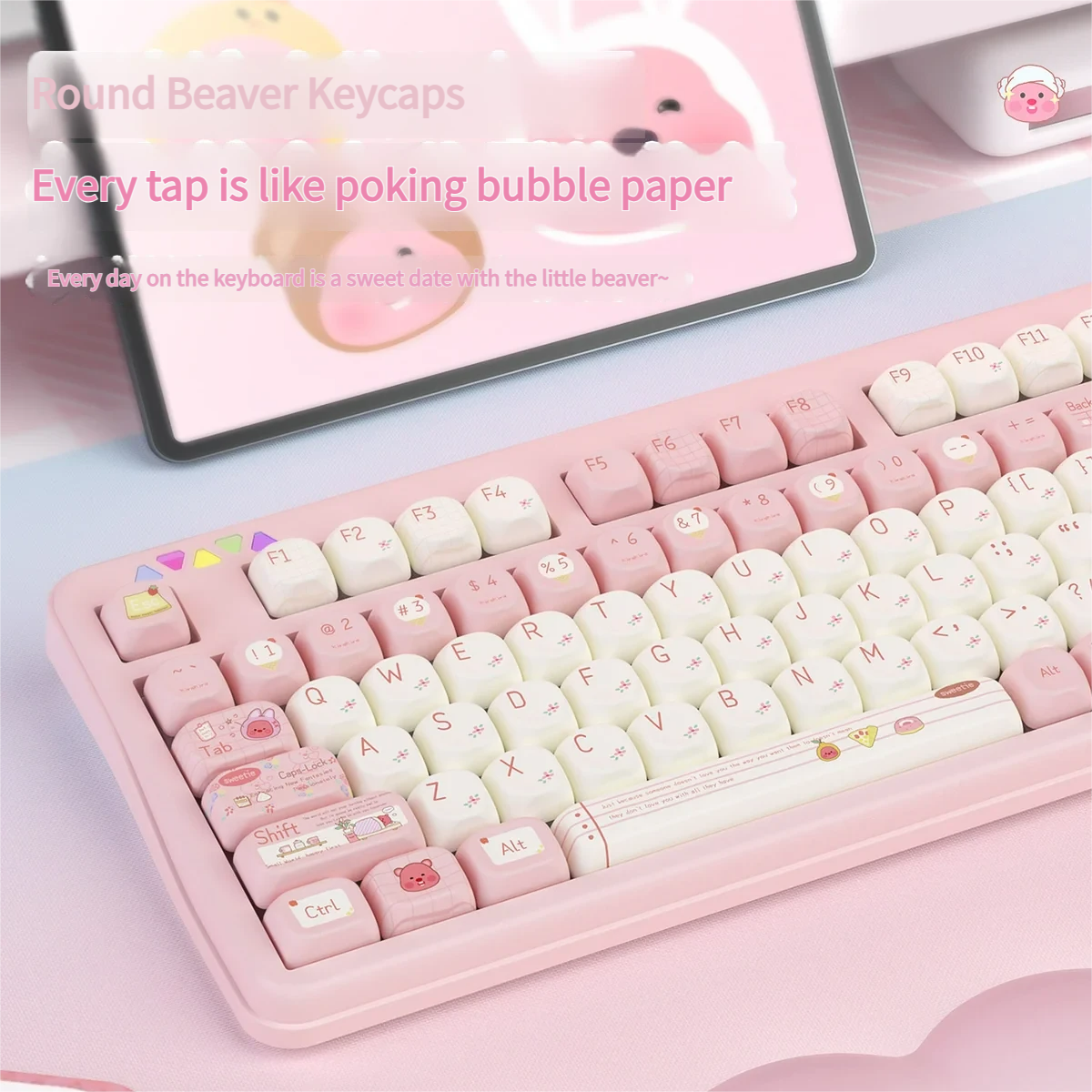 Multiple views of adorable Loopy Beaver PBT keycaps set, showcasing their durable PBT material and playful MOA profile with whimsical forest designs.