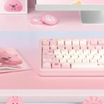 Playful Loopy Beaver PBT keycaps set, durable MOA profile set. Adorable beaver characters in earthy pastel colors, viewed from multiple angles.