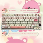 A detailed view of whimsical Loopy Series keycaps set, showcasing their vibrant cartoon PBT designs and ergonomic profile from a distinct angle.