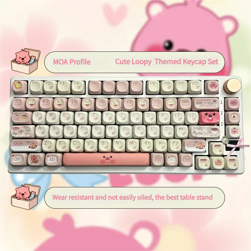 A detailed view of whimsical Loopy Series keycaps set, showcasing their vibrant cartoon PBT designs and ergonomic profile from a distinct angle.