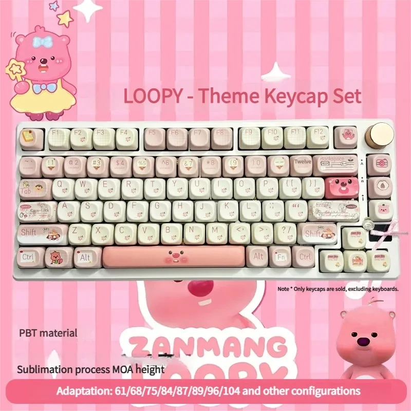 Displaying a vibrant set of Loopy Series Keycap set, featuring whimsical cartoon characters on durable PBT with an ergonomic MOA profile for playful typing.